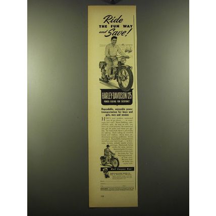 1950 Harley-Davidson 125 Motorcycle Ad - Ride the fun way and save!