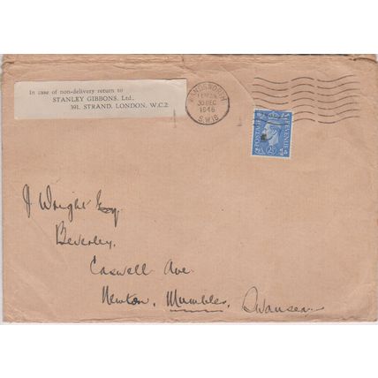 GB 1946 cover Wandsworth to Mumbles from Stanley Gibbons with stamp