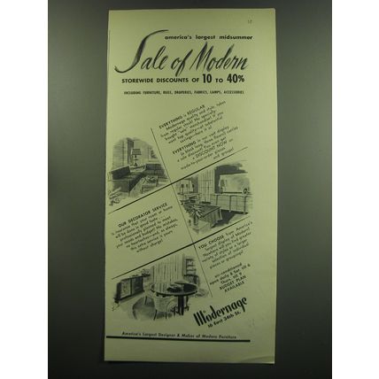 1949 Modernage Furniture Ad - America's largest midsummer sale of modern