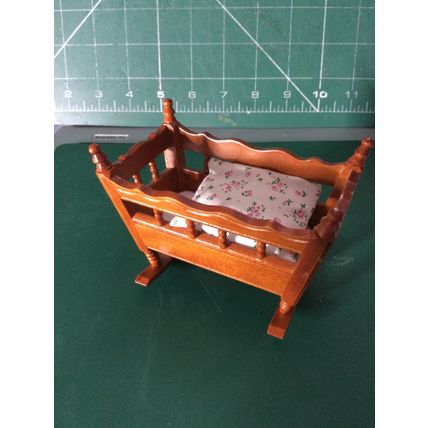 Dark Pine Rocking Cradle Pink Floral Bedding 1:12th Dolls House Miniature