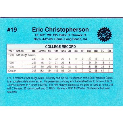 19 Eric Christopherson 1990 Classic Draft Picks Baseball NEW