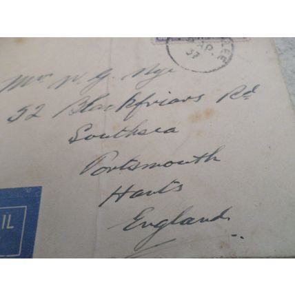 Ceylon - 1937 - 50 cent stamp - on envelope with Air Mail sticker.
