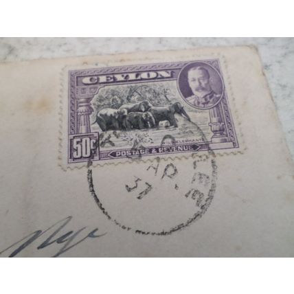 Ceylon - 1937 - 50 cent stamp - on envelope with Air Mail sticker.