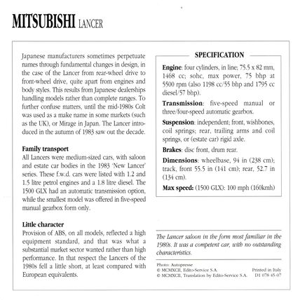 Collectors Club card. Classic Cars. Mitsubishi Lancer