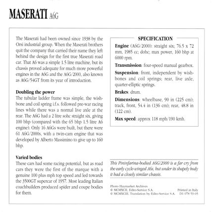 Collectors Club card. Classic Cars. Maserati A6G