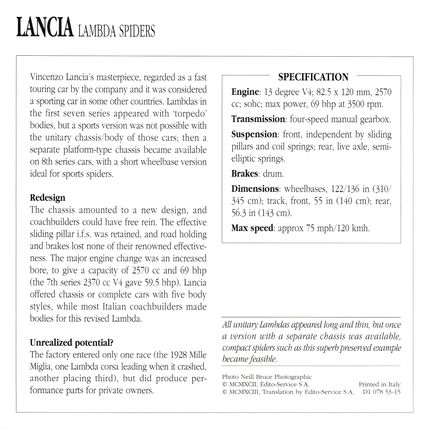 Collectors Club card. Classic Cars. Lancia Lambda Spiders