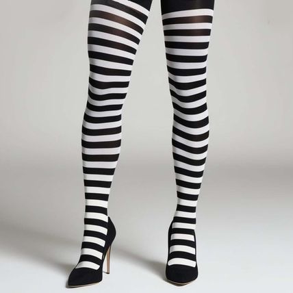 Plus Size Black & White Striped Tights 1X/2X Opaque Pantyhose Hosiery