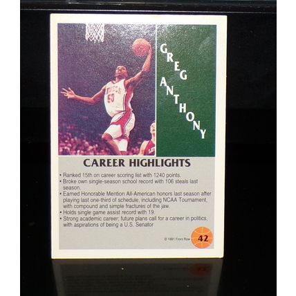 FRONT ROW 1991 GREG ANTHONY DRAFT PICK ROOKIE BASKETBALL CARD #42