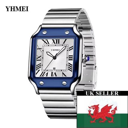 Gents Luxury White Square Face Date Blue Bezel Stainless Steel Strap Watch