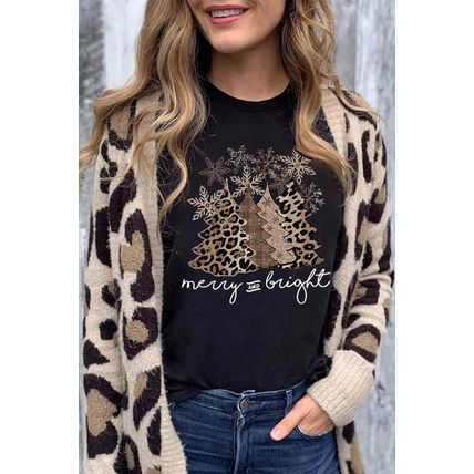 Black Leopard Christmas Tree Graphic Print Crew Neck T Shirt