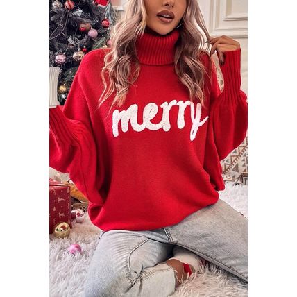 Red Merry Letter Embroidered High Neck Sweater