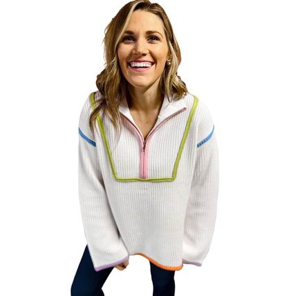 White Colorful Edge Quarter Zip Drop Shoulder Sweater