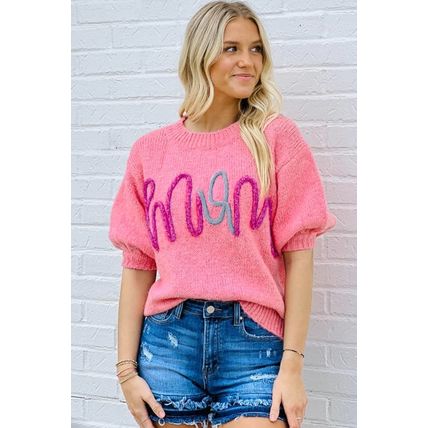 Bonbon Mom Tinsel Front Short Sleeve Sweater