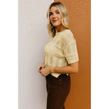 Beige Knitted Hollow out Short Sleeve Crop Sweater