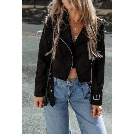 Black Asymmetric Zipper Belted Hem Jacket