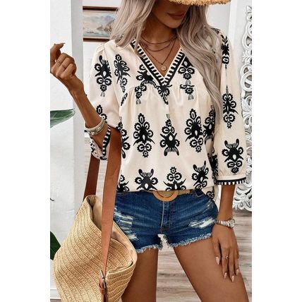 Beige Vintage Geometric Printed 3/4 Sleeve V Neck Blouse