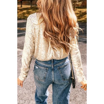 Beige Sequin Long Sleeve Wrap V Neck Bodysuit