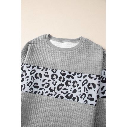 Gray Leopard Quilted Patchwork Crew Neck Sweatshirt