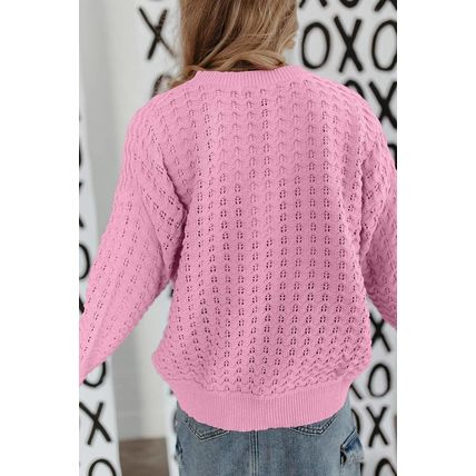 Pink Crochet Knit Drop Shoulder Sweater