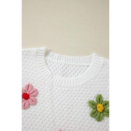 White Colorful Flower Applique Textured Knit Sweater