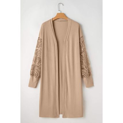 Parchment Lace Patchwork Ribbed Knit Open Front Duster Cardigan