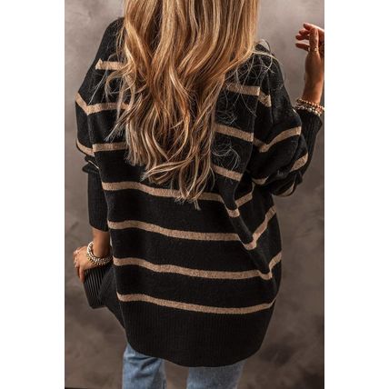 Black Stripe Buttoned V Neck Drop Shoulder Loose Cardigan