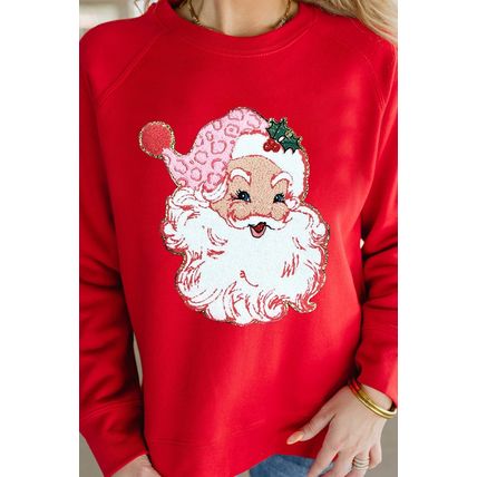 Red Santa Claus Graphic Crewneck Raglan Sleeve Christmas Sweatshirt