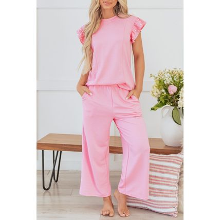 Pink Textured Pearled Ruffled Sleeve Wide Leg Pants Set