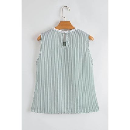 Green Stripe Lace Patchwork Crew Neck Tank Top