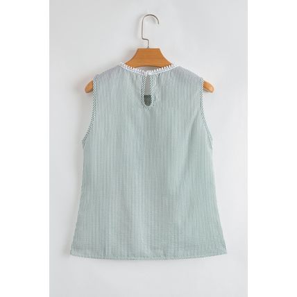 Green Stripe Lace Patchwork Crew Neck Tank Top