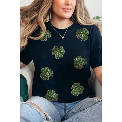 Black Sequin Leopard Clover Graphic Crewneck St Patrick Tee