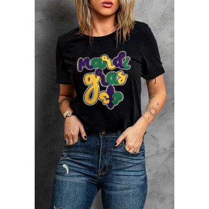 Black Chenille Mardi Gras Letter Graphic Tee