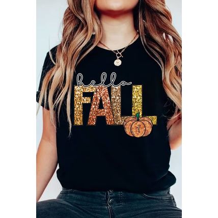Black Hello Fall Letter Pumpkin Printed Thanksgiving T Shirt