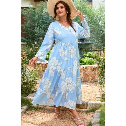 Sky Blue Floral Bracelet Sleeve V Neck Plus Size Tiered Maxi Dress