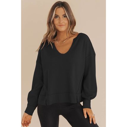 Black Waffle Knit Notched V Neck Drop Shoulder Solid Sweatshirt