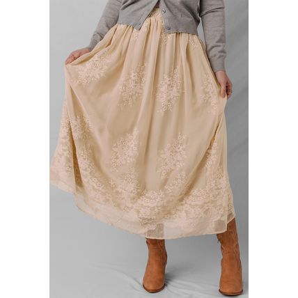 Oatmeal Embroidered Mesh Overlay Flowy Long Skirt