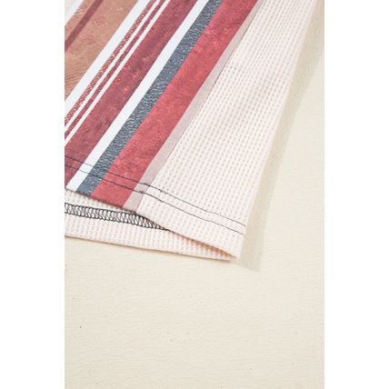 Beige Striped Waffle Patchwork Exposed Seam Raw Edge Casual Knit Top