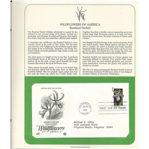 WILDFLOWERS of AMERICA : ROSEBUD ORCHID ' OFFICIAL FIRST DAY of ISSUE ' (1992)