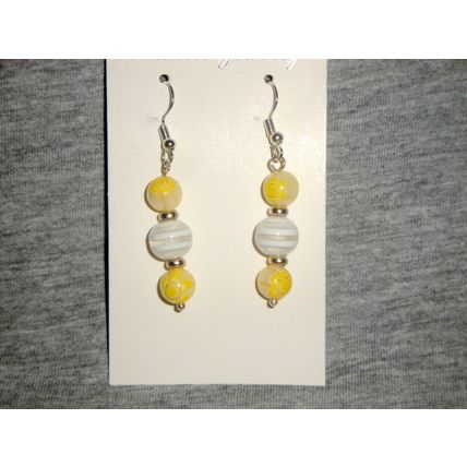 Millefiori style yellow & white & banded white glass earrings