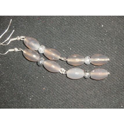 Smokey quartz & silvered clear crystal glass long swing earrings NEW