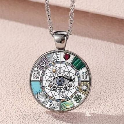 Bohemian Eye Bear Palm Lucky Clover Grass Pattern Glass Round Pendant Necklace