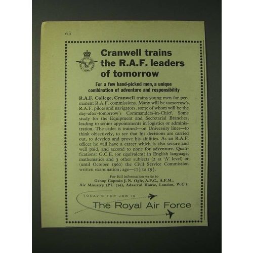 1960 The Royal Air Force Ad - Cranwell trains the R.A.F. leaders of tomorrow