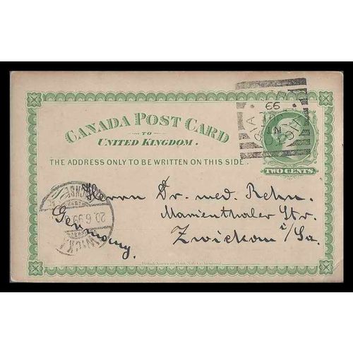 Canada Postal Card #P3 to Germany 1899, Victoria Squared Circle cancel