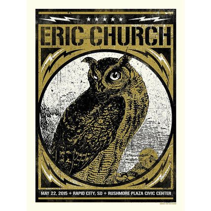 2015 ERIC CHURCH RAPID CITY OWL OUTSIDERS TOUR CONCERT POSTER 5/22 #/180 SD S/N