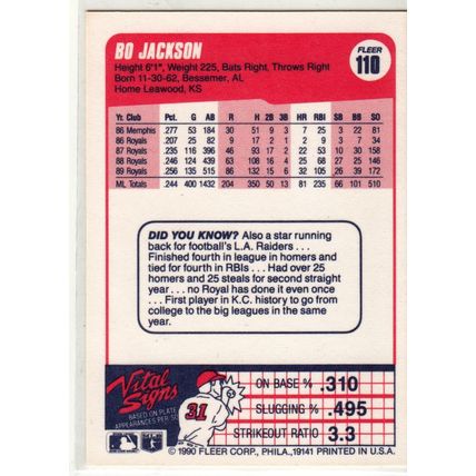 1990 Fleer baseball Bo Jackson card 110- NM - Royals