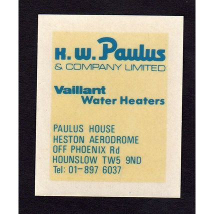 c1950s K.W. Paulus & Co., Hounslow transfer label, Valliant Water Heaters