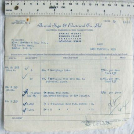 1951 order British Sign & Electrical, Earlsfield, London - rawlplugs nuts screws