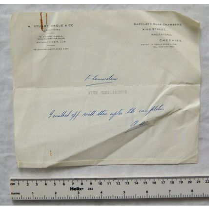 Vintage: compliment slip W. Stuart Hague & Co., Knutsford