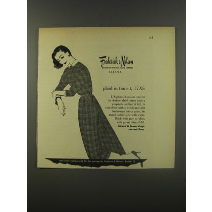 1956 Frederick & Nelson L'Aiglon Dress Ad - plaid in transit, 17.95
