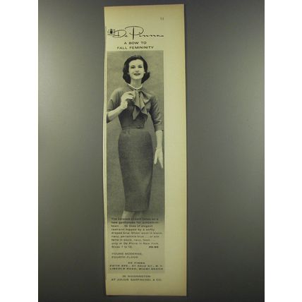 1956 De Pinna Dress Ad - A Bow to Fall Femininity